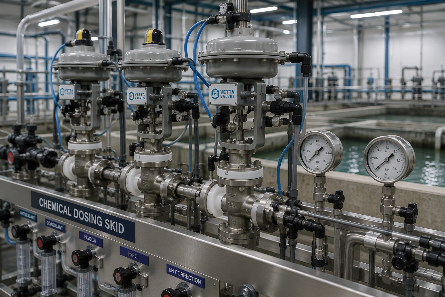 Pneumatic control valve manifold on chemical dosing skid at industrial water treatment plant