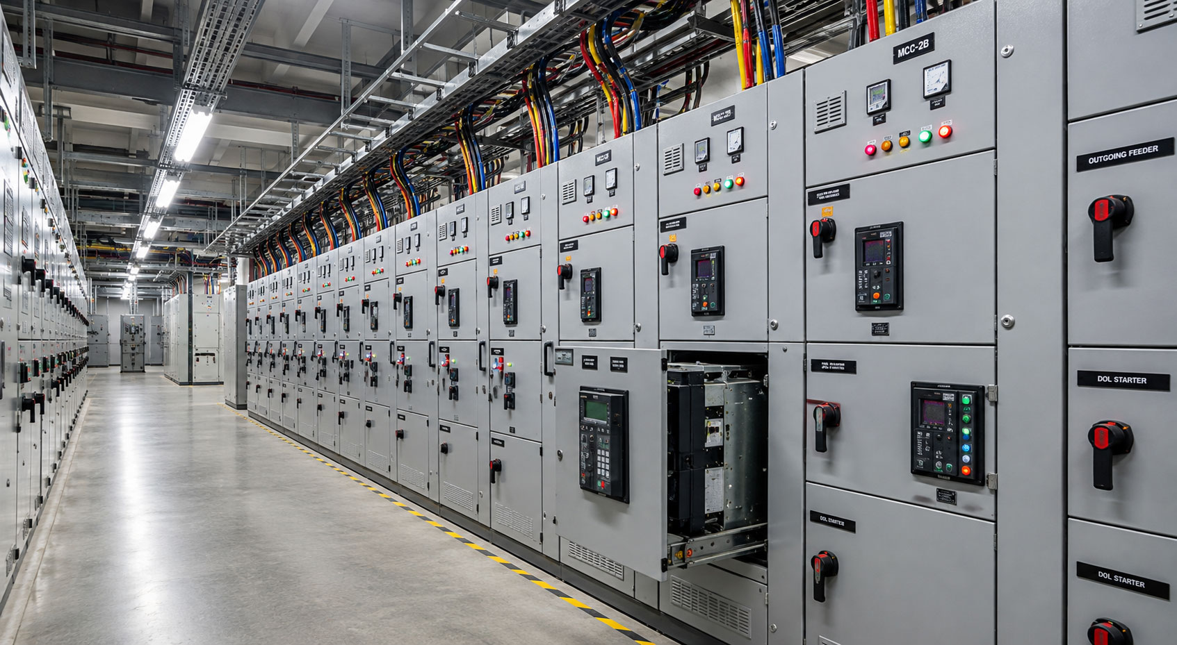 Motor control centre panels in a power plant auxiliary switchroom — MCC panel upgrade for power plant auxiliary systems