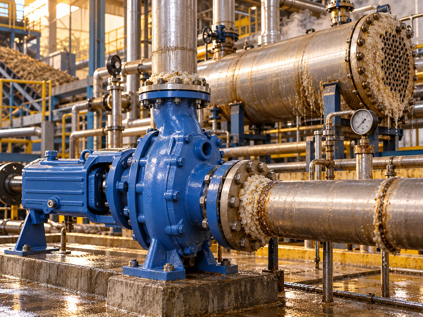 Centrifugal pump installed on a juice heater circulation line in a sugar mill — Sintech Pumps maintenance guide